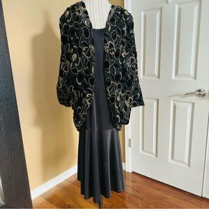 80s Vintage Black Dress + Burnout Velvet Floral Kimono Top Black and Gold Sz. 24